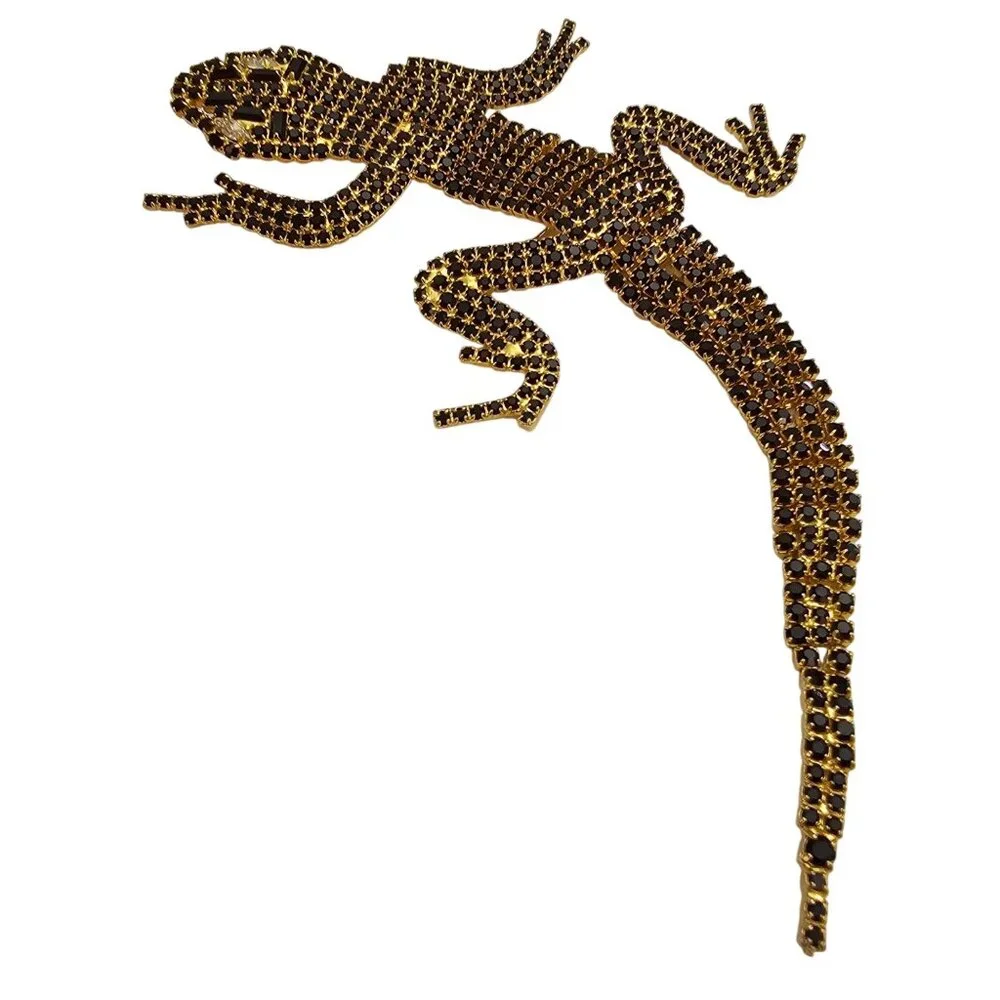 Black Rhinestone Lizard Reptile Brooch Prong Set Gecko Croc Shoulder Pin C996
